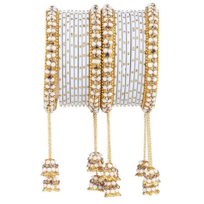 Designer Metal Bangles Set White Color With Beautiful Latkan