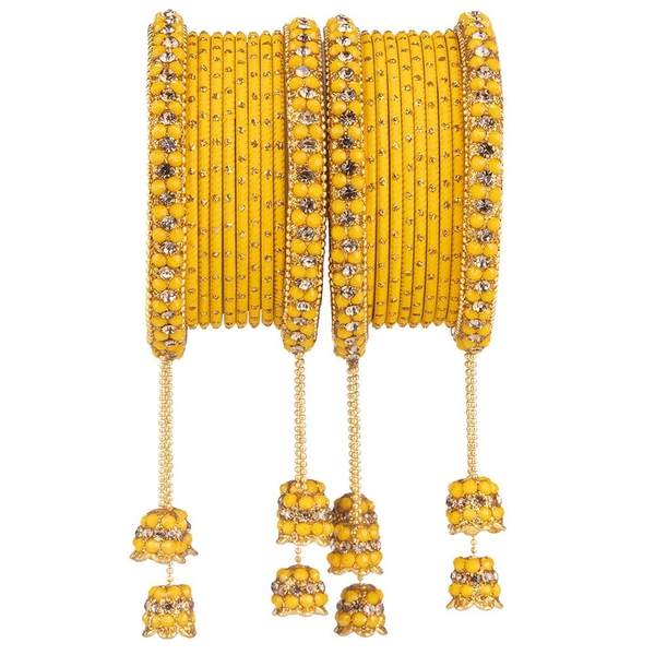 Designer Metal Bangles Set Yellow Color With Beautiful Latkan