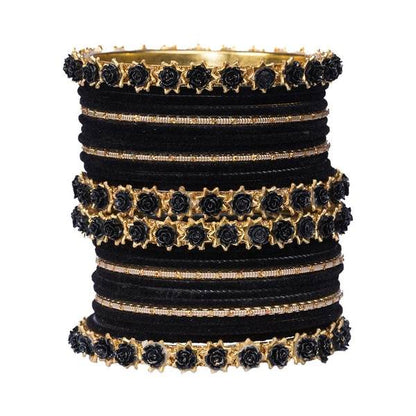 Golden and Black Velvet Bangles Set Pack of 26 front view