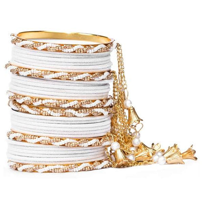 Fancy Metal Velvet Bangle Set White Color Pack of 30