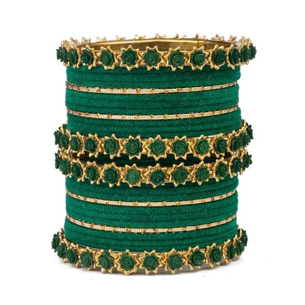 Golden and Green Velvet Bangles Set Pack of 26